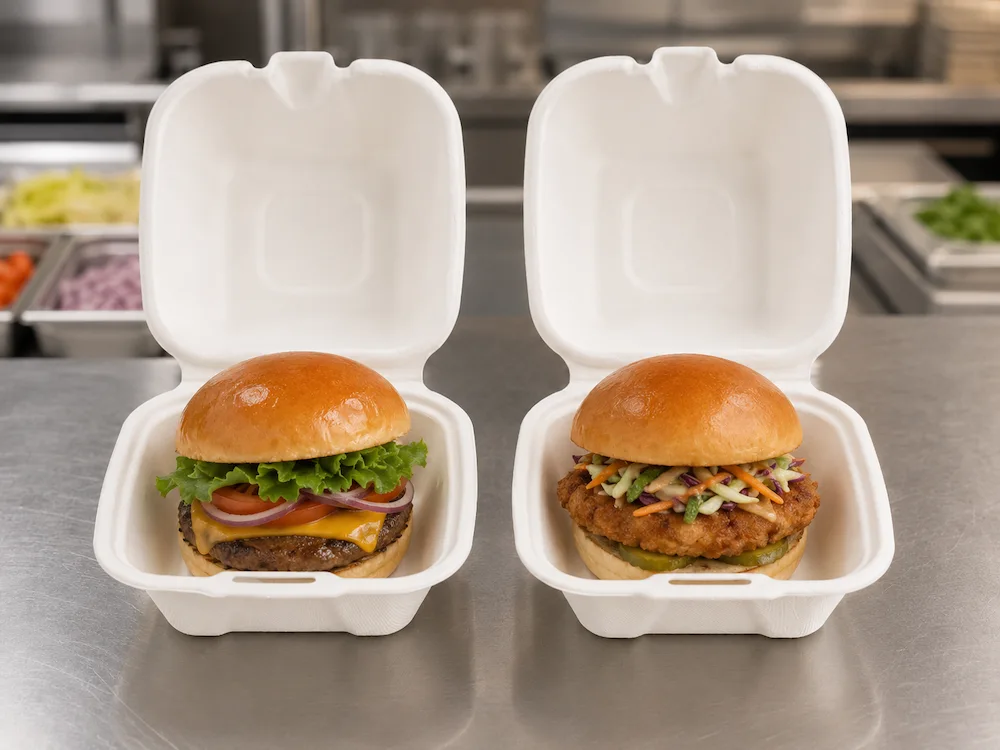 5-inch molded pulp burger box with burger for takeaway food packaging
