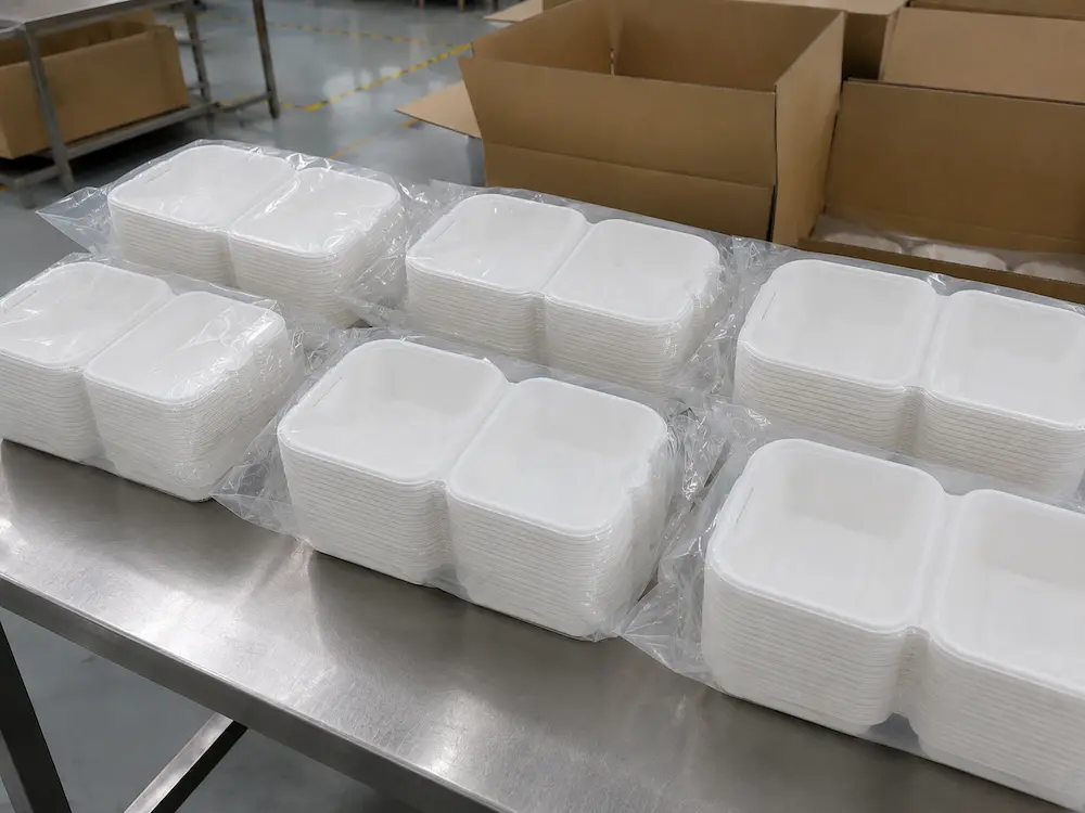6-inch molded pulp burger boxes stacked and packed in transparent PE bags for export shipment