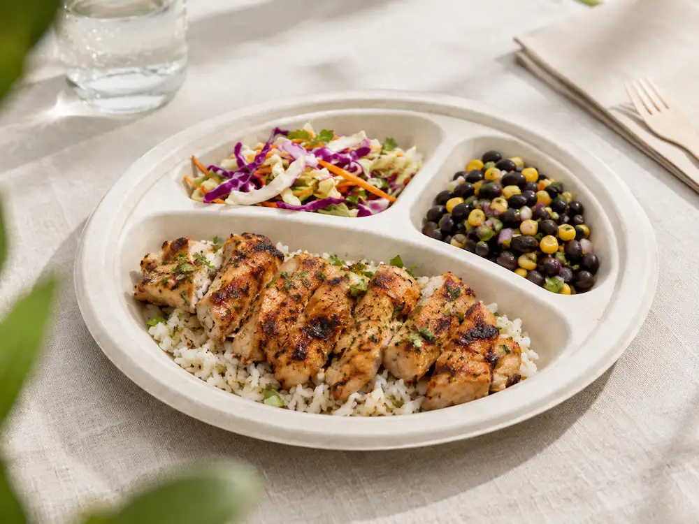 Natural-color 10-Inch 3-Compartment Sugarcane Bagasse Round Plate serving grilled chicken with rice, coleslaw, and a black bean and corn side dish