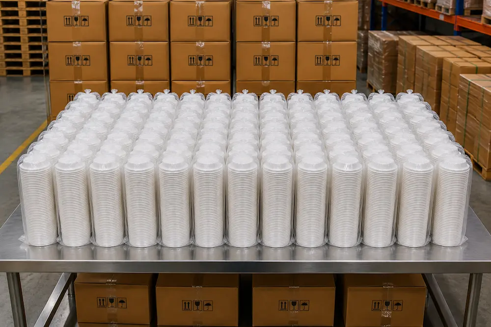 Nested stacks of white 90mm molded fiber hot cup sip lids packed in clear PE bags at the factory
