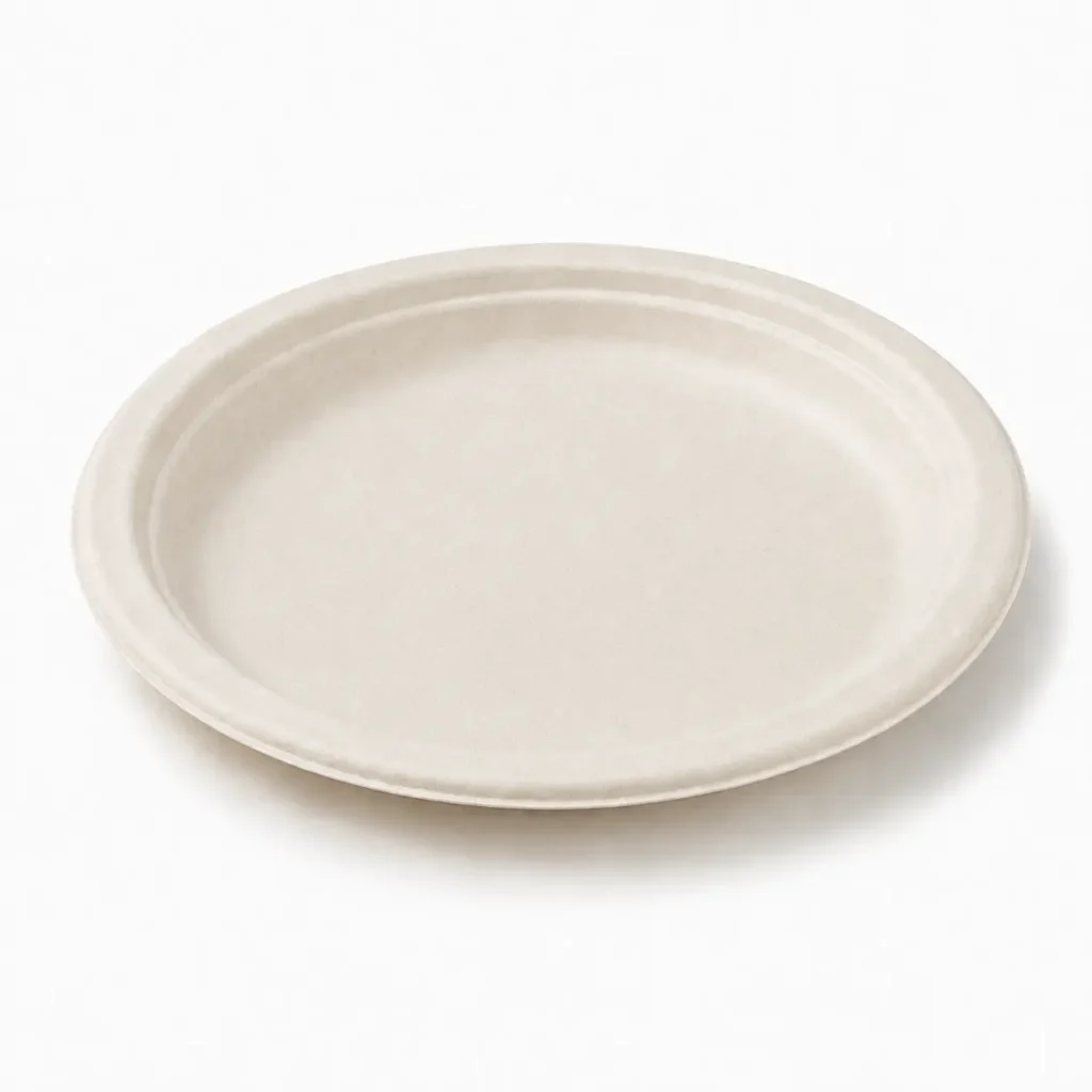 Angled top view of a natural-color 7-Inch Sugarcane Bagasse Round Plate with a smooth serving area and raised circular rim