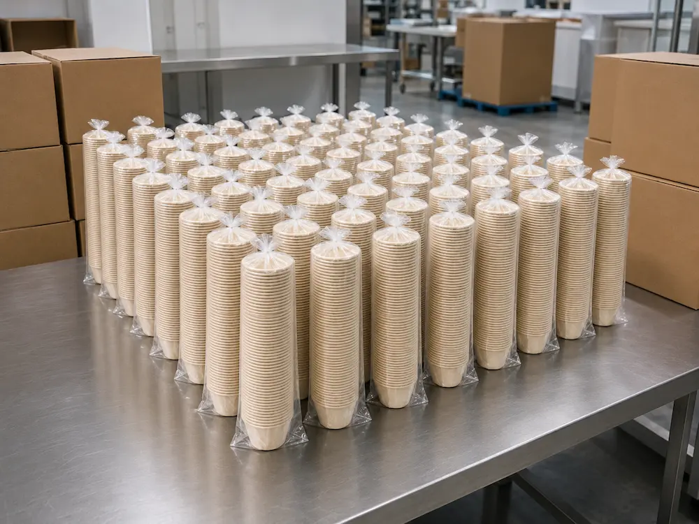 Multiple PE-bagged stacks of natural-color 2oz Molded Fiber Sauce Cups arranged on a stainless-steel factory packing table with plain cartons and palletized inventory in the background