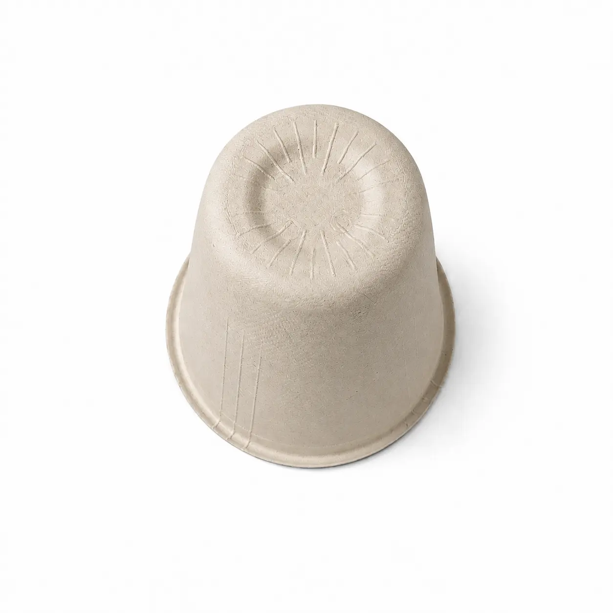 12oz Molded Fiber Cup Bottom View Bottom view of a 12oz Molded Fiber Cup showing its recessed circular base, radial reinforcing lines, tapered outer wall, and molded-fiber texture