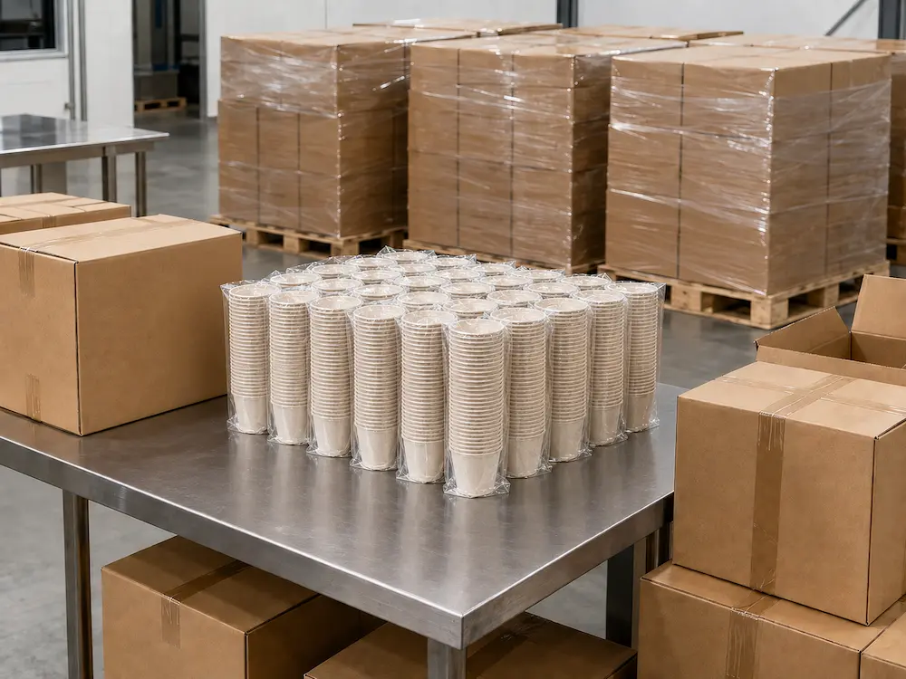 Stacks of white 12oz Molded Fiber Cups packed in transparent PE bags on a stainless steel factory table beside unprinted export cartons