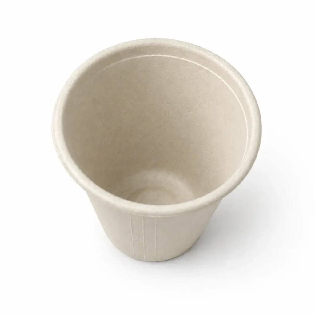 Top view of a natural-color 12oz Molded Fiber Cup showing its round opening, flanged rim, smooth inner surface, and tapered body