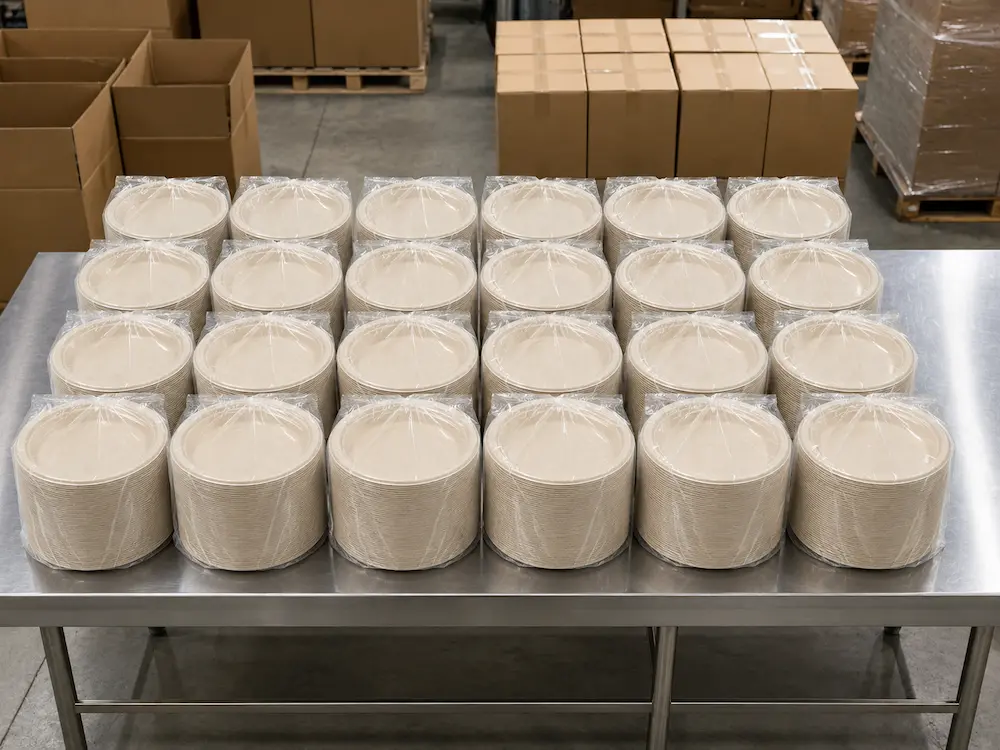 9-Inch Sugarcane Bagasse Round Plates nested in individual transparent PE bags on a factory packing table beside outer cartons