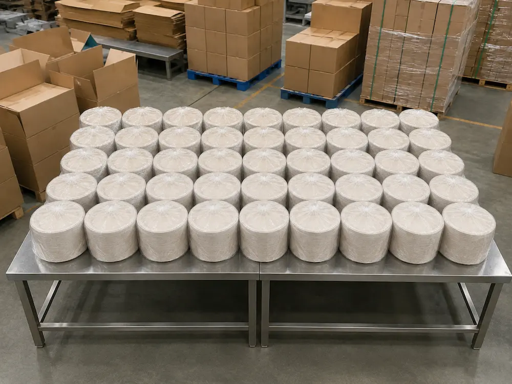 Factory packing scene showing nested 7-Inch Sugarcane Bagasse Round Plates arranged in uniform stacks and sealed in transparent PE bags