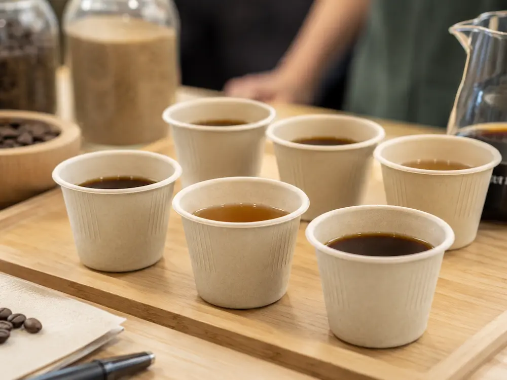 Natural-color 4oz Molded Fiber Cups filled with coffee samples on a wooden tasting board