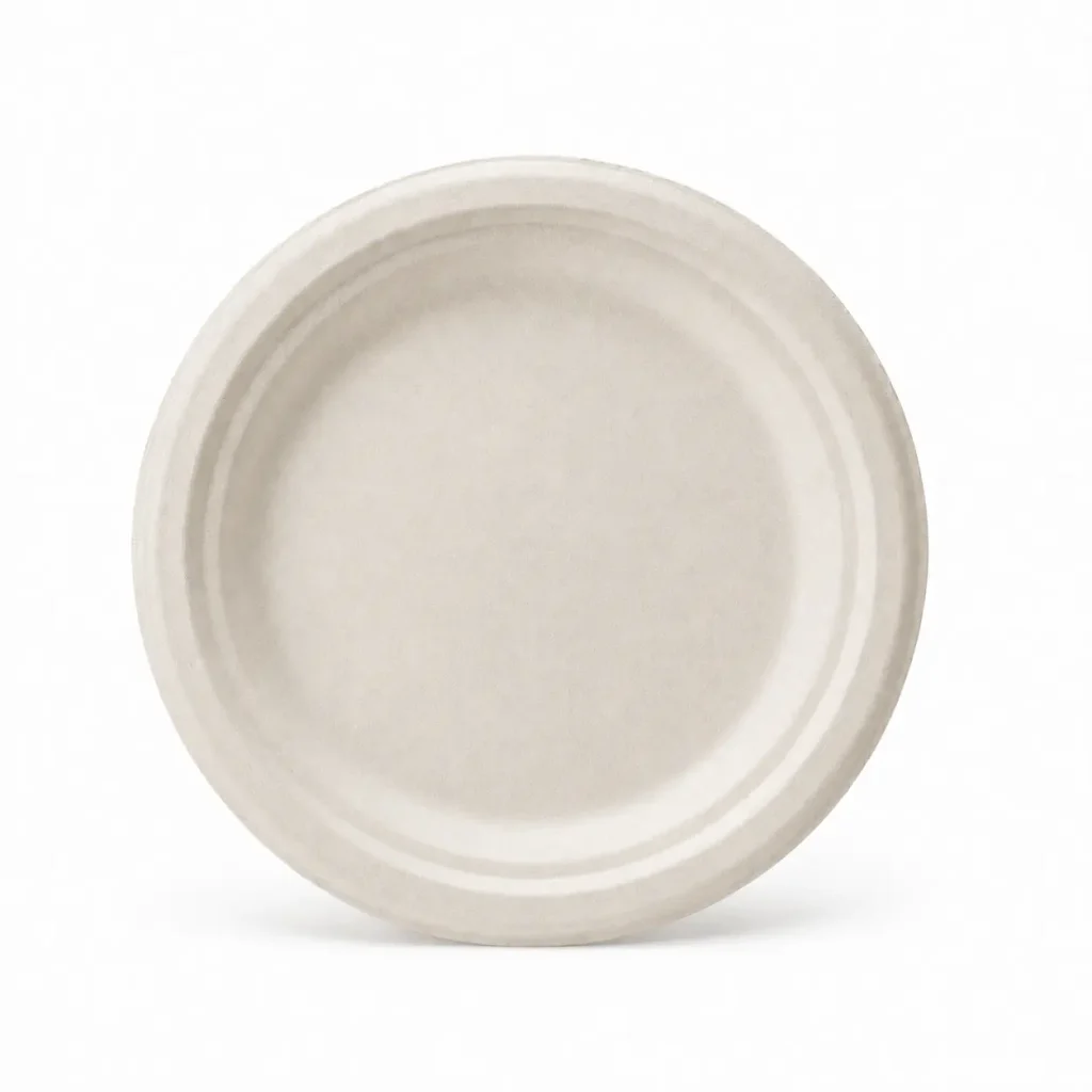 Upright front view of a natural-color 7-Inch Sugarcane Bagasse Round Plate showing its smooth serving area and raised rim