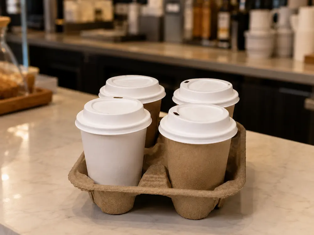Four takeaway cups fitted with white 90mm triangle-design molded fiber hot cup lids in a molded fiber four-cup drink carrier