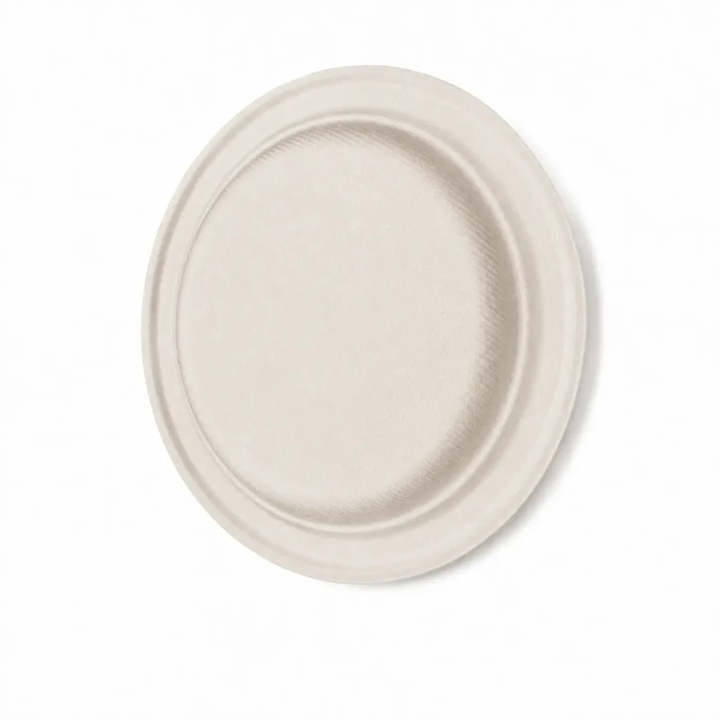 Underside view of a natural-color 7-Inch Sugarcane Bagasse Round Plate showing its molded texture and circular rim structure