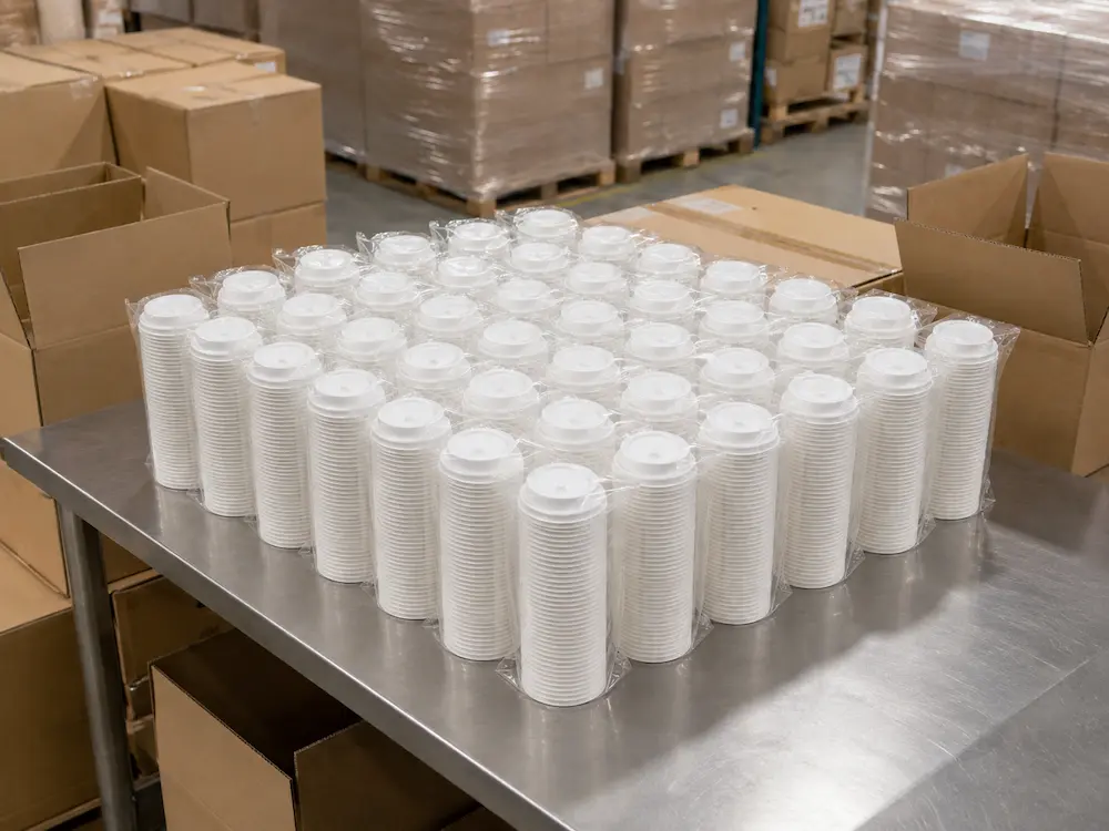 Nested stacks of white 80mm flip-top molded fiber hot cup lids packed in clear PE bags at the factory