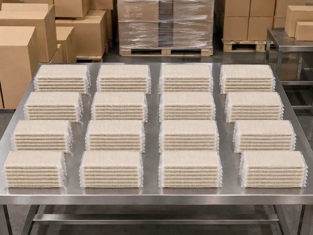 Clear-wrapped bundles of natural-color 6-Inch Molded Fiber Spoons arranged on a stainless steel factory table beside unprinted cartons and palletized inventory