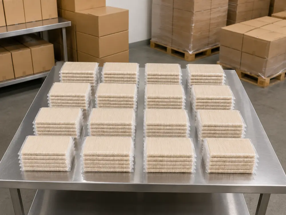Multiple bundles of natural-color 6-Inch Molded Fiber Knives arranged on a stainless steel factory table beside unprinted cartons and palletized inventory