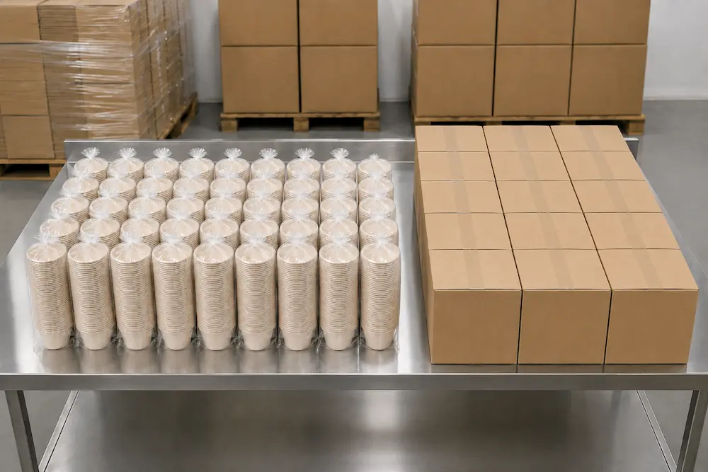 Nested 4oz Molded Fiber Cups packed in transparent PE bags beside unprinted cartons on a stainless steel factory table