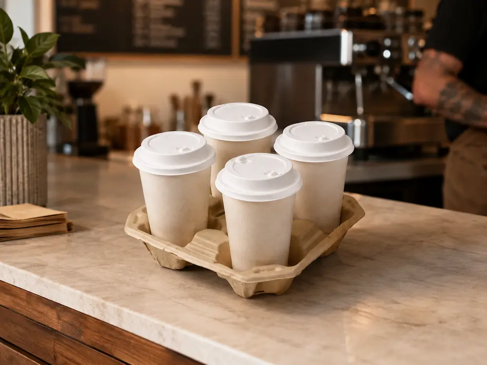Four takeaway cups fitted with white 90mm flip-top molded fiber hot cup lids in a molded fiber four-cup drink carrier