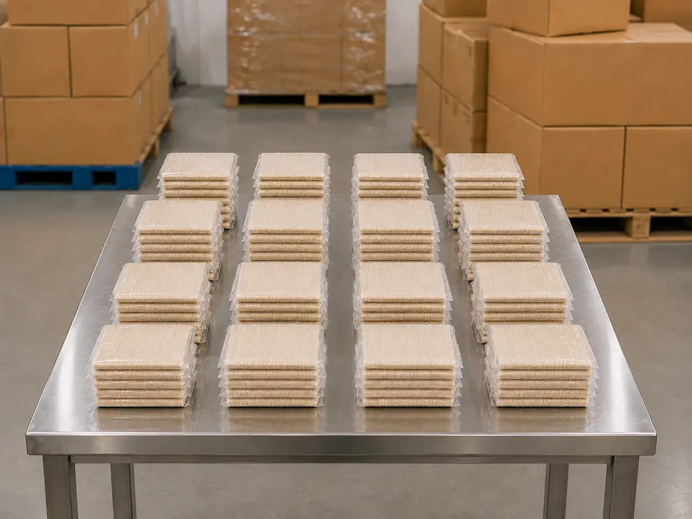 Clear-wrapped bundles of natural-color 6-Inch Molded Fiber Forks arranged on a stainless steel factory table beside cartons and palletized inventory