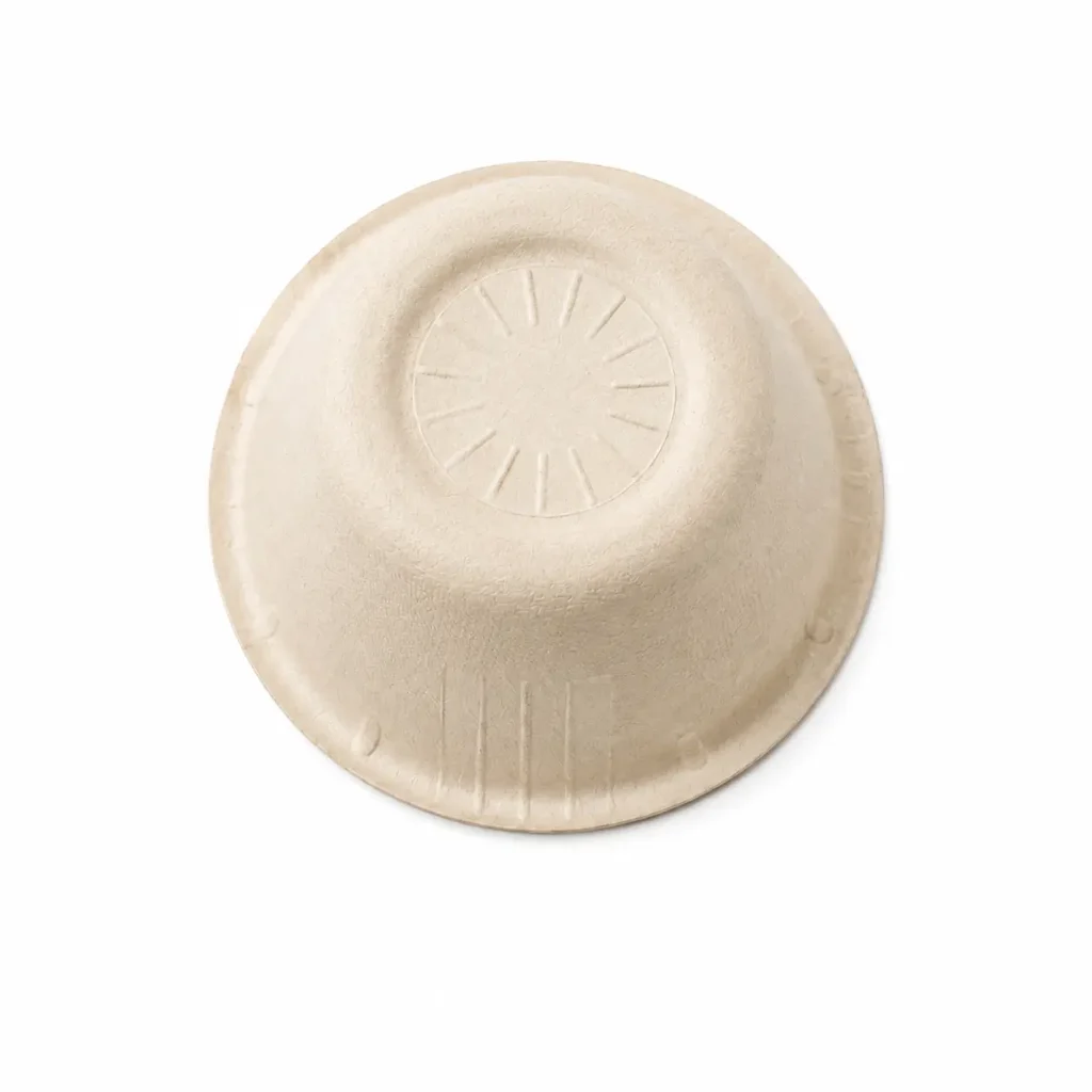 Bottom view of a natural-color 2oz Molded Fiber Sauce Cup showing its circular base, radial reinforcing texture, tapered outer wall, and molded rim