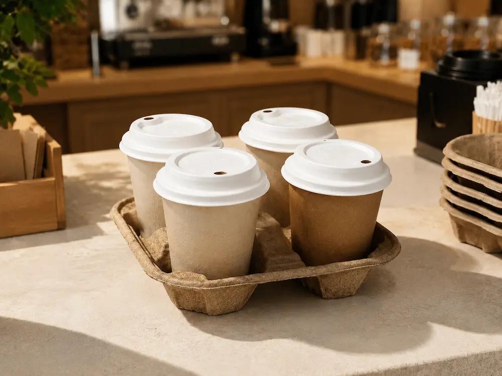 Four takeaway cups fitted with white 90mm molded fiber hot cup sip lids in a molded fiber four-cup drink carrier
