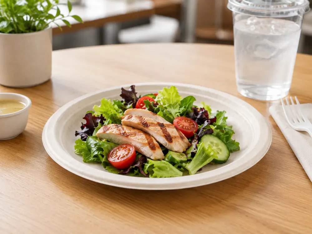 Natural-color 7-Inch Sugarcane Bagasse Round Plate serving grilled chicken salad with lettuce, cherry tomatoes, and cucumber on a wooden table