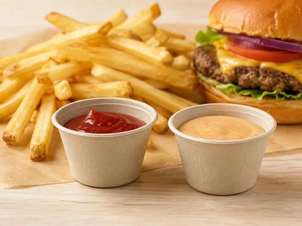 Two natural-color 4oz Molded Fiber Cups holding ketchup and creamy dipping sauce beside fries and a hamburger