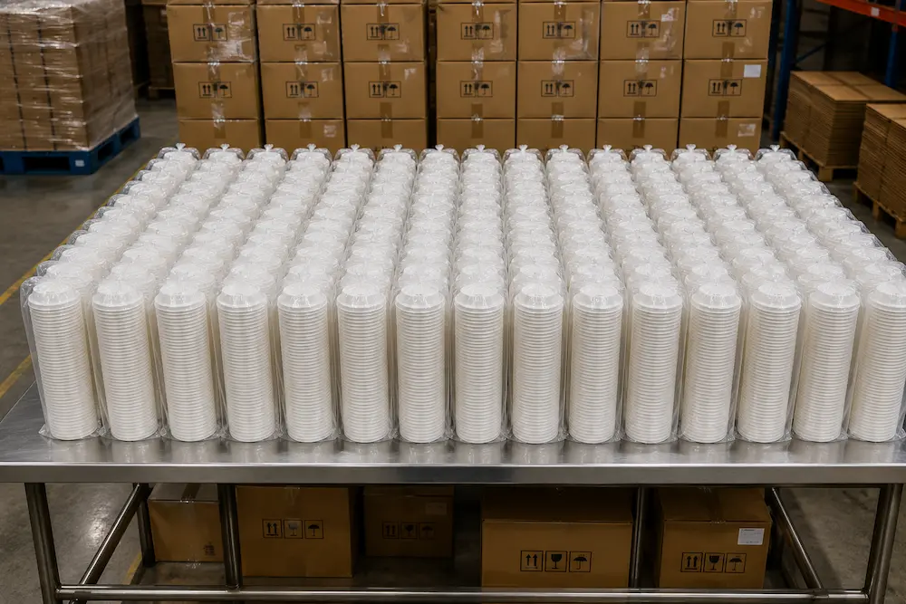 Nested stacks of white 80mm triangle-design molded fiber hot cup lids packed in clear PE bags at the factory