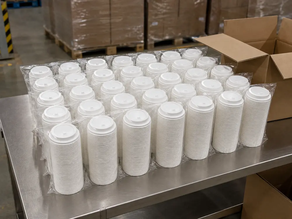 Nested stacks of white 90mm flip-top molded fiber hot cup lids packed in clear PE bags at the factory