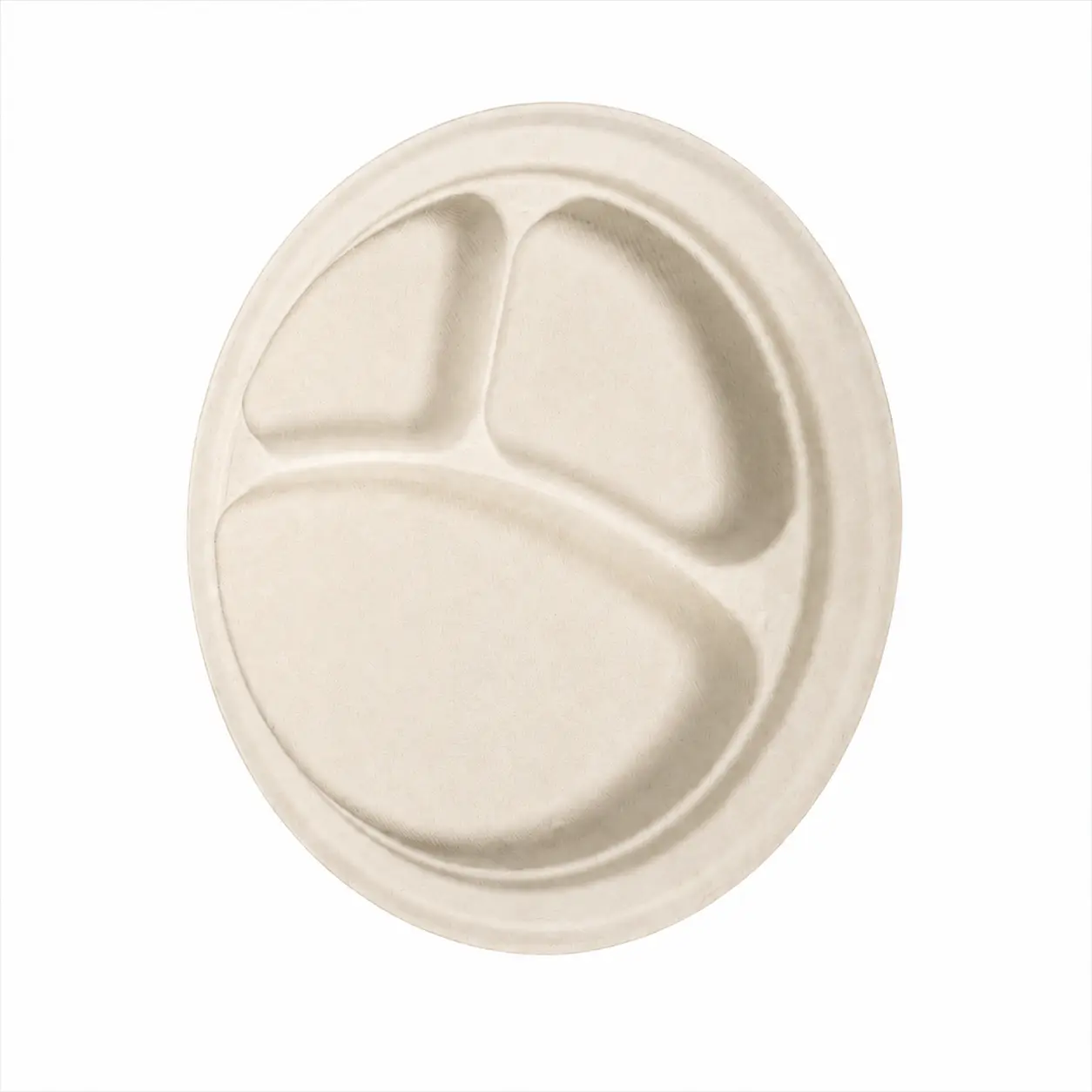 10-Inch 3-Compartment Sugarcane Bagasse Round Plate Angled View Angled view of a natural-color 10-Inch 3-Compartment Sugarcane Bagasse Round Plate showing its molded dividers, raised rim, and shallow serving depth