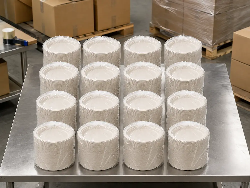 Factory packing scene showing nested natural-color 7-Inch Sugarcane Bagasse Round Plates in uniform stacks, with each stack packed in a separate transparent PE bag