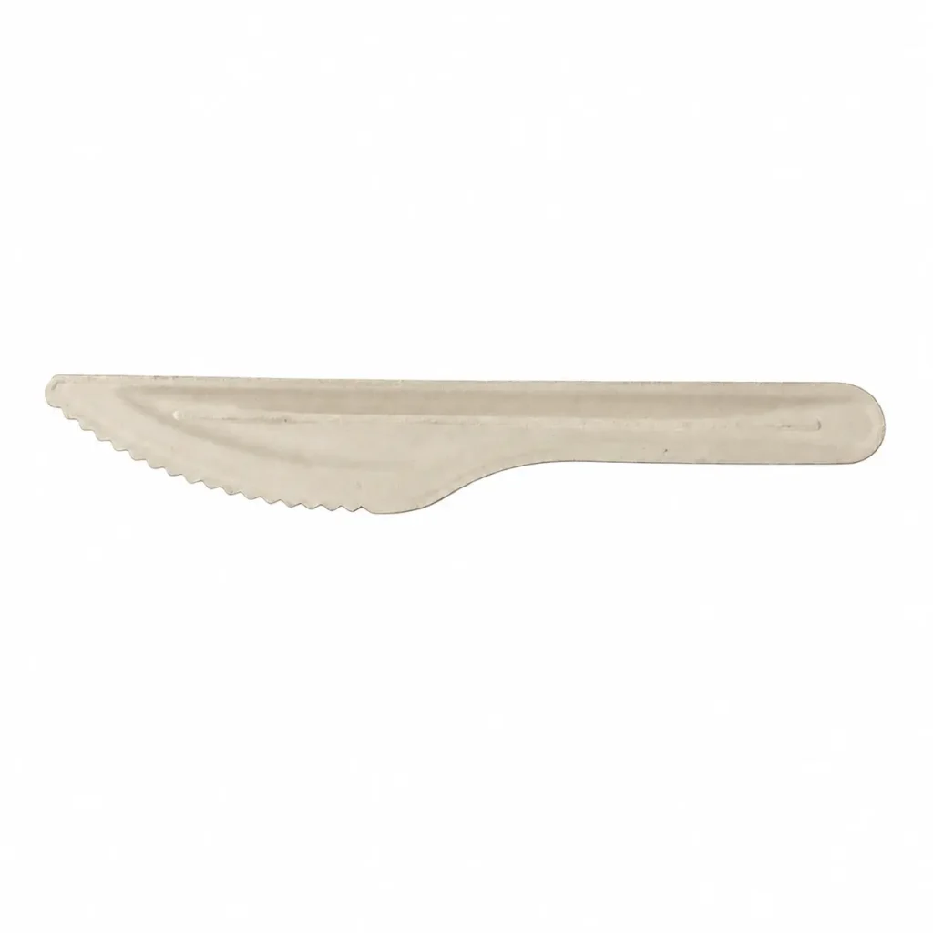 Top-side view of a natural-color 6-Inch Molded Fiber Knife with a tapered blade, serrated cutting edge, rounded handle, and molded reinforcing channel