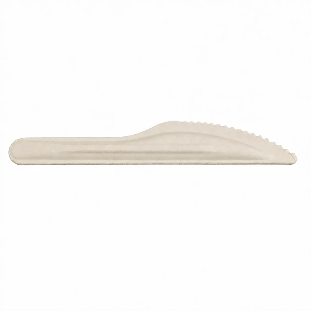 Reverse-side view of a natural-color 6-Inch Molded Fiber Knife showing its molded serrations, tapered blade, rounded handle, and longitudinal reinforcement
