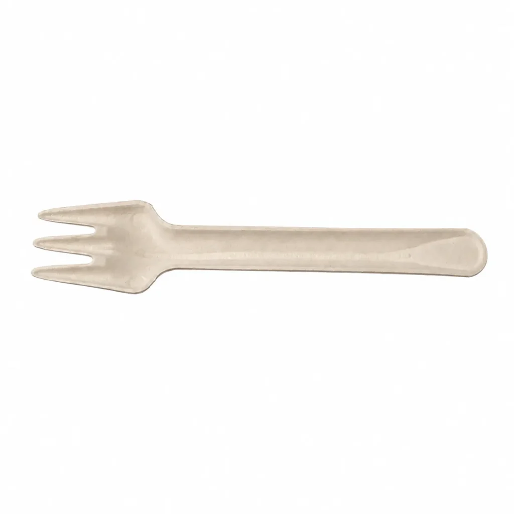 Top-side view of a natural-color 6-Inch Molded Fiber Fork with three tapered tines, two open slots, a broad fork head, and a rounded reinforced handle