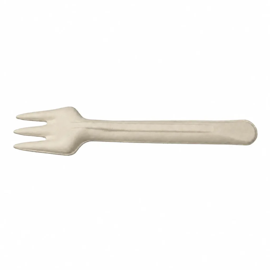 Reverse-side view of a natural-color 6-Inch Molded Fiber Fork showing three pointed tines, two slots, a broad molded head, and longitudinal handle reinforcement