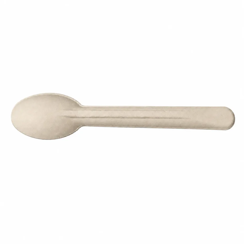 Reverse-side view of a natural-color 6-Inch Molded Fiber Spoon showing its rounded bowl underside, narrowed neck, rounded handle, and raised reinforcement