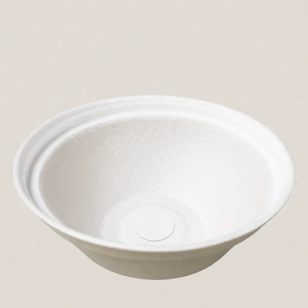Inside view of a 90mm molded fiber cold cup dome lid showing the inner surface and central opening
