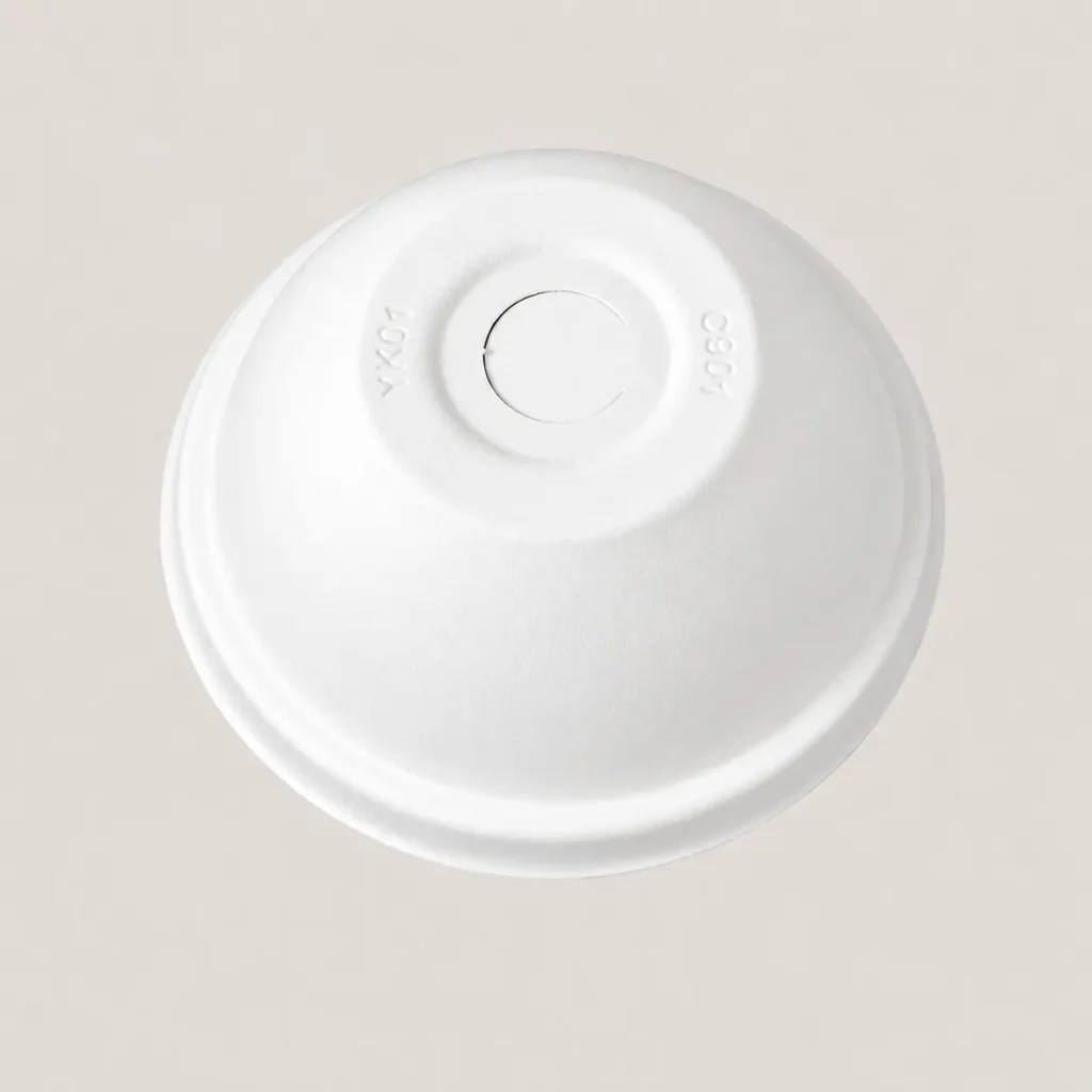 Top view of a white 90mm molded fiber cold cup dome lid with a central drinking or straw opening