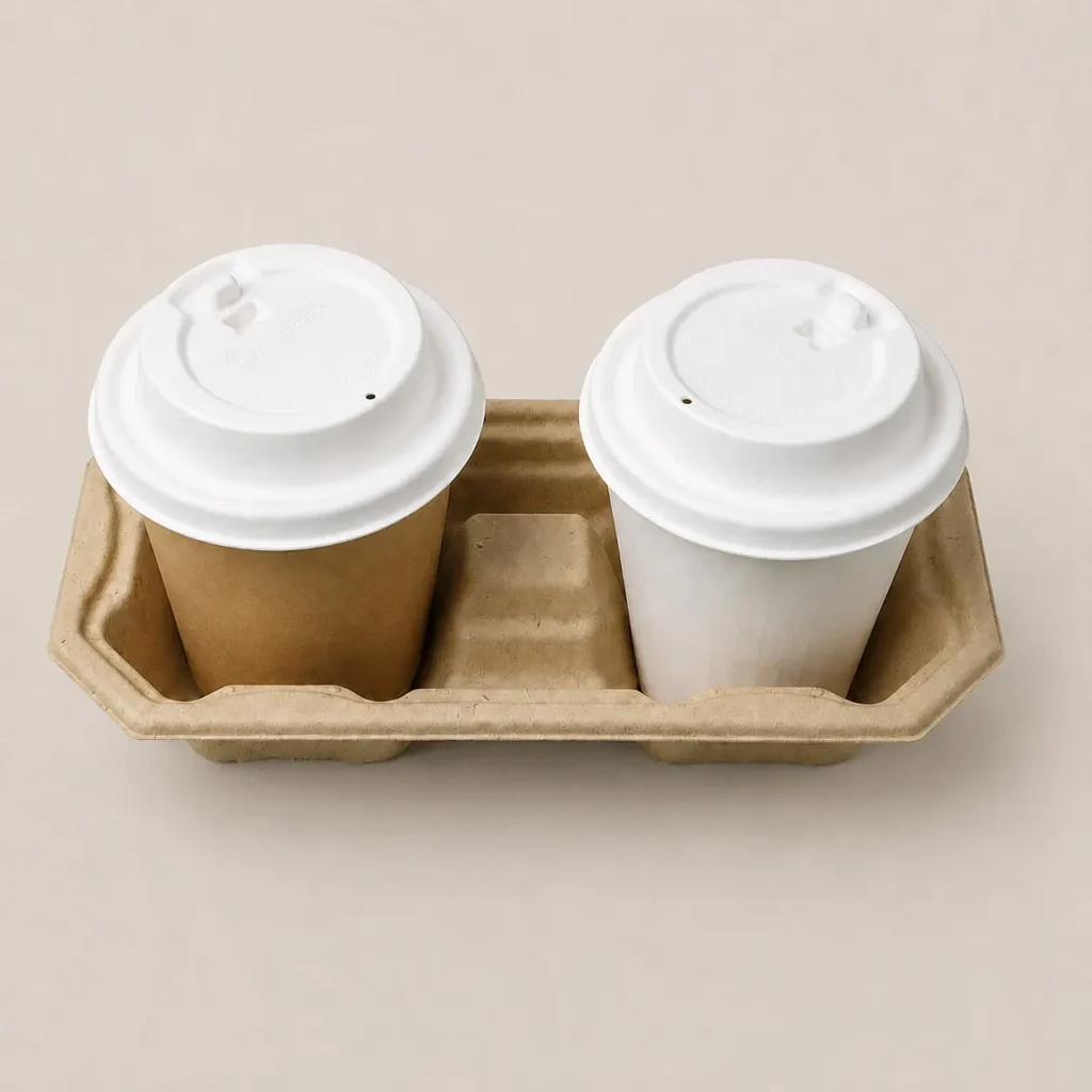 White 80mm flip-top molded fiber hot cup lids fitted to takeaway cups in a molded fiber drink carrier