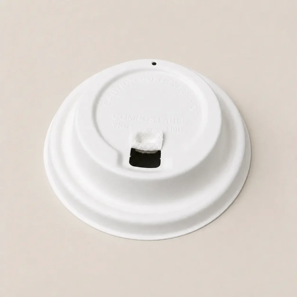 White 80mm flip-top molded fiber hot cup lid with the hinged drinking opening lifted open