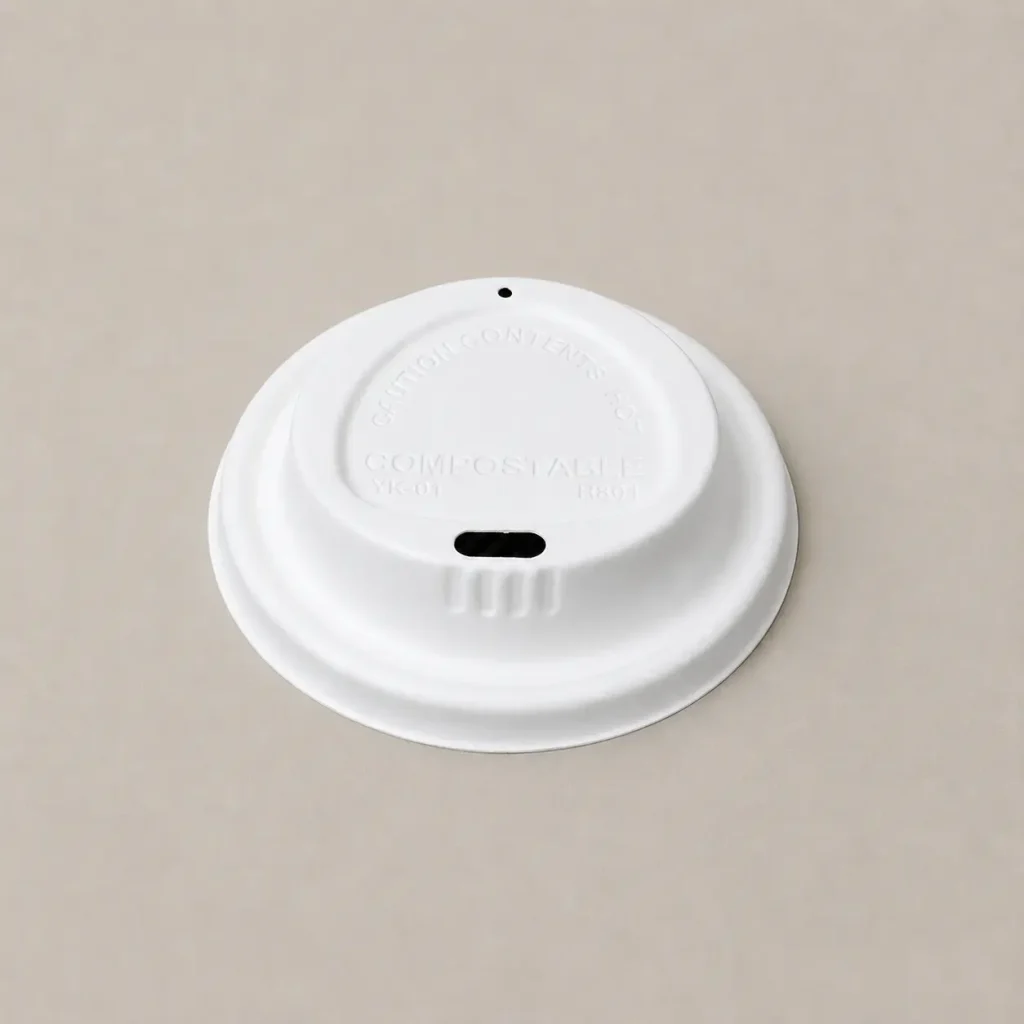 Front view of a white 80mm triangle-design molded fiber hot cup lid with a raised drinking section and separate vent hole
