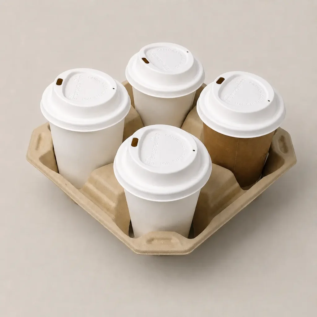 Four takeaway cups fitted with white 80mm triangle-design molded fiber hot cup lids in a molded fiber drink carrier
