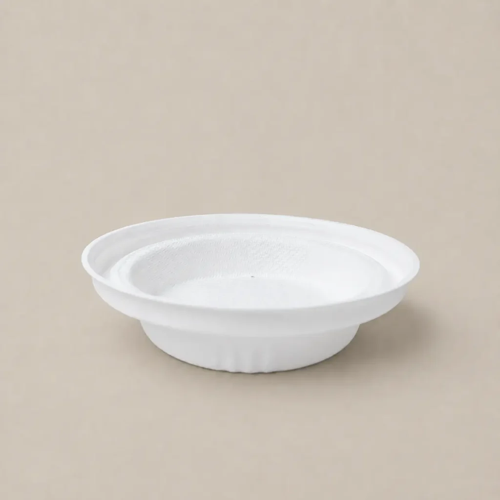 Underside view of a white 80mm triangle-design molded fiber hot cup lid showing its inner texture and molded cup-rim channel