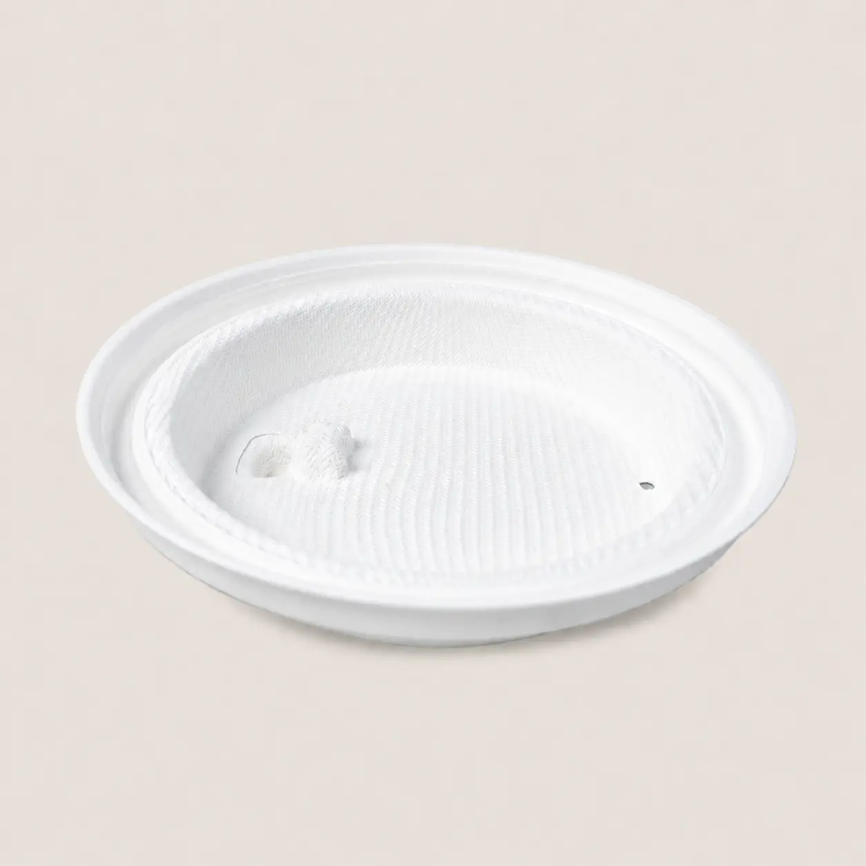 90mm Flip-Top Molded Fiber Hot Cup Lid Underside Underside view of a white 90mm flip-top molded fiber hot cup lid showing its inner texture and molded cup-rim channel