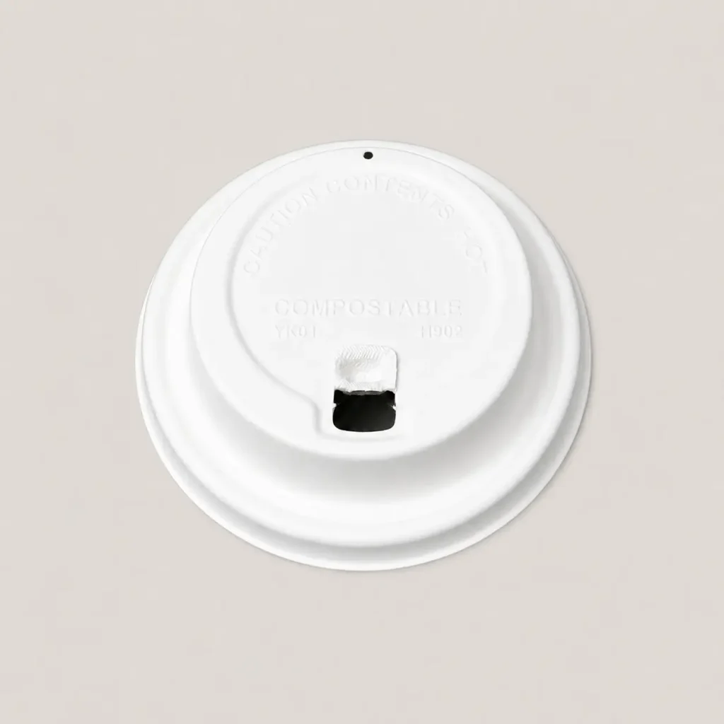 Top view of a white 90mm flip-top molded fiber hot cup lid with the hinged tab lifted to expose the drinking opening