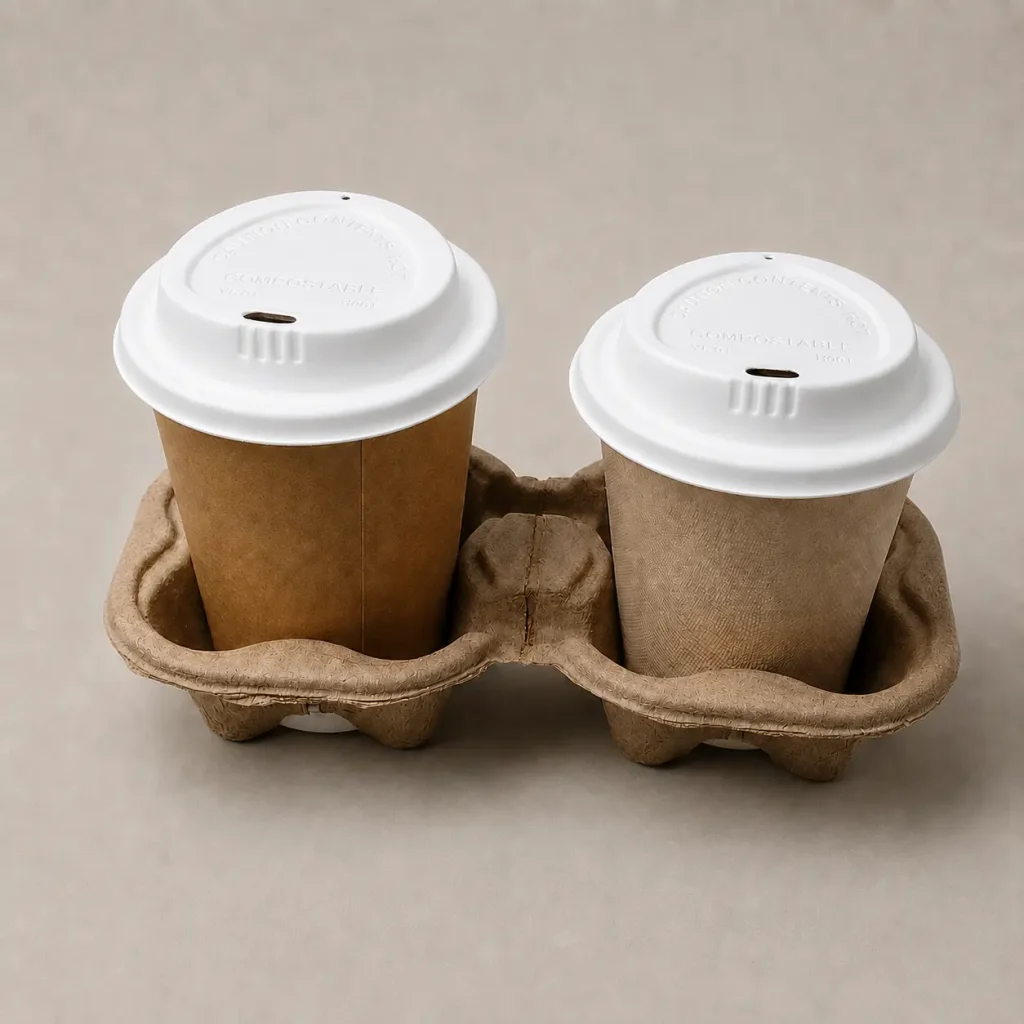 Two takeaway cups fitted with white 90mm triangle-design molded fiber hot cup lids in a molded fiber two-cup drink carrier