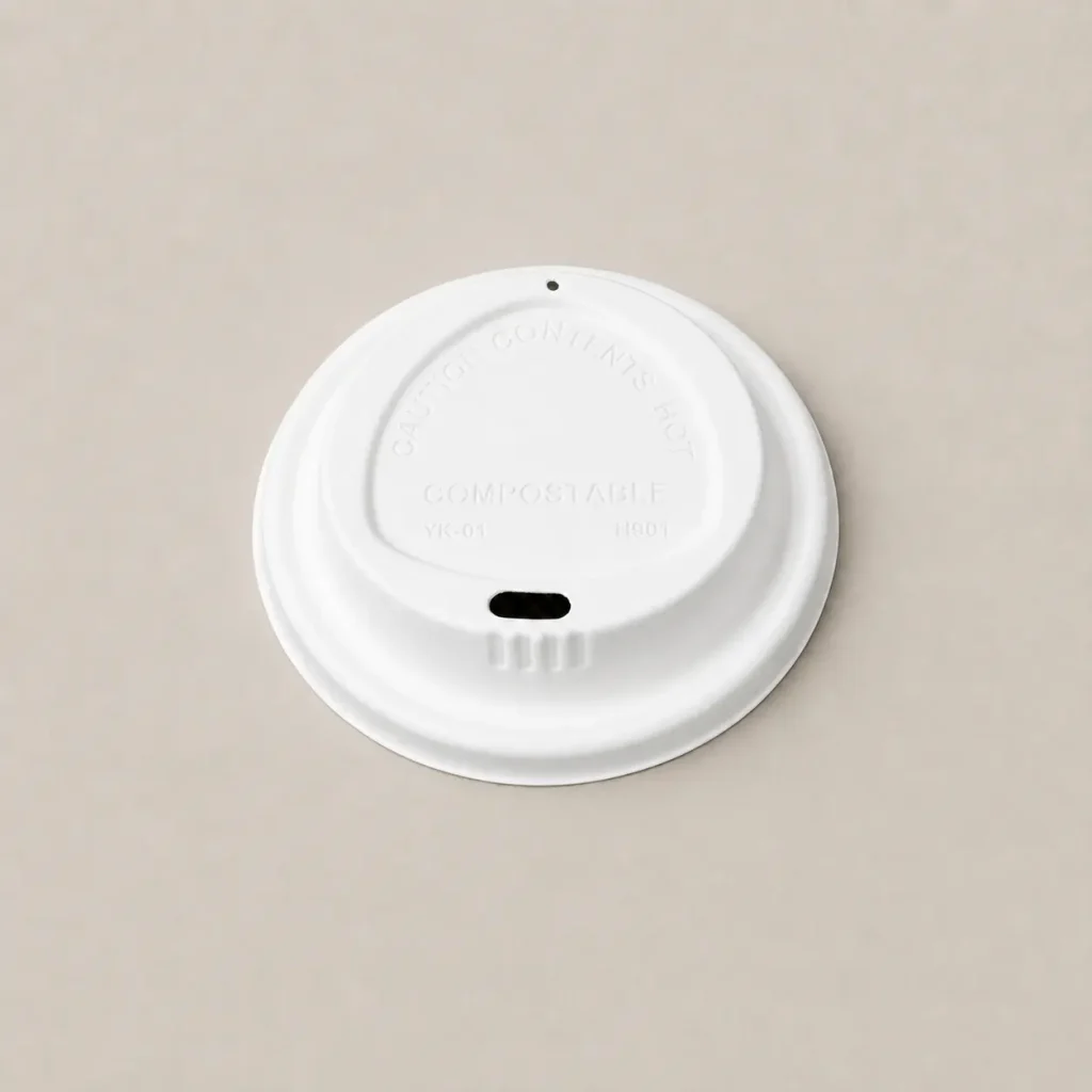 Top view of a white 90mm triangle-design molded fiber hot cup lid with a direct-drink opening and separate vent hole