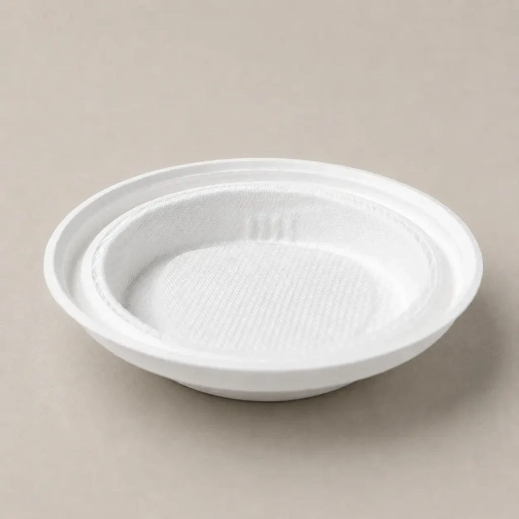 Underside view of a white 90mm triangle-design molded fiber hot cup lid showing its inner texture and cup-rim engagement channel