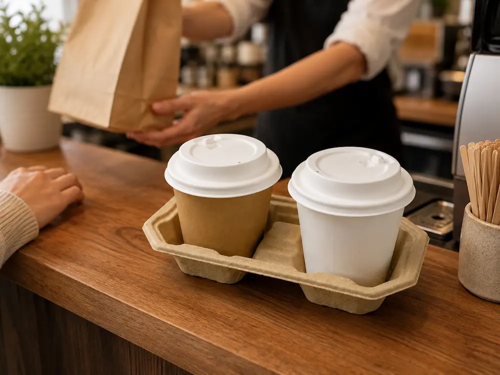 White 80mm flip-top molded fiber hot cup lids fitted to takeaway cups in a molded fiber drink carrier