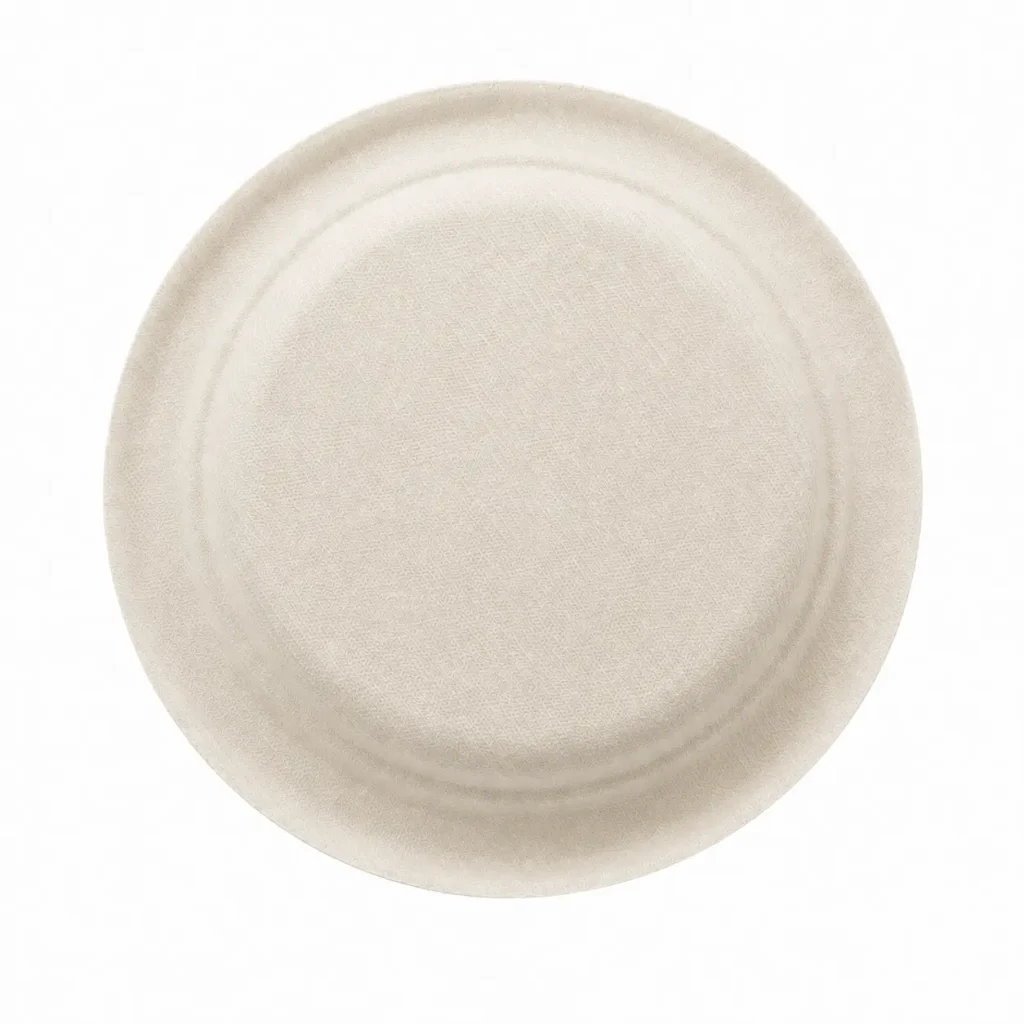 Underside view of a natural-color 6-Inch Sugarcane Bagasse Round Plate showing its molded mesh texture and round rim structure