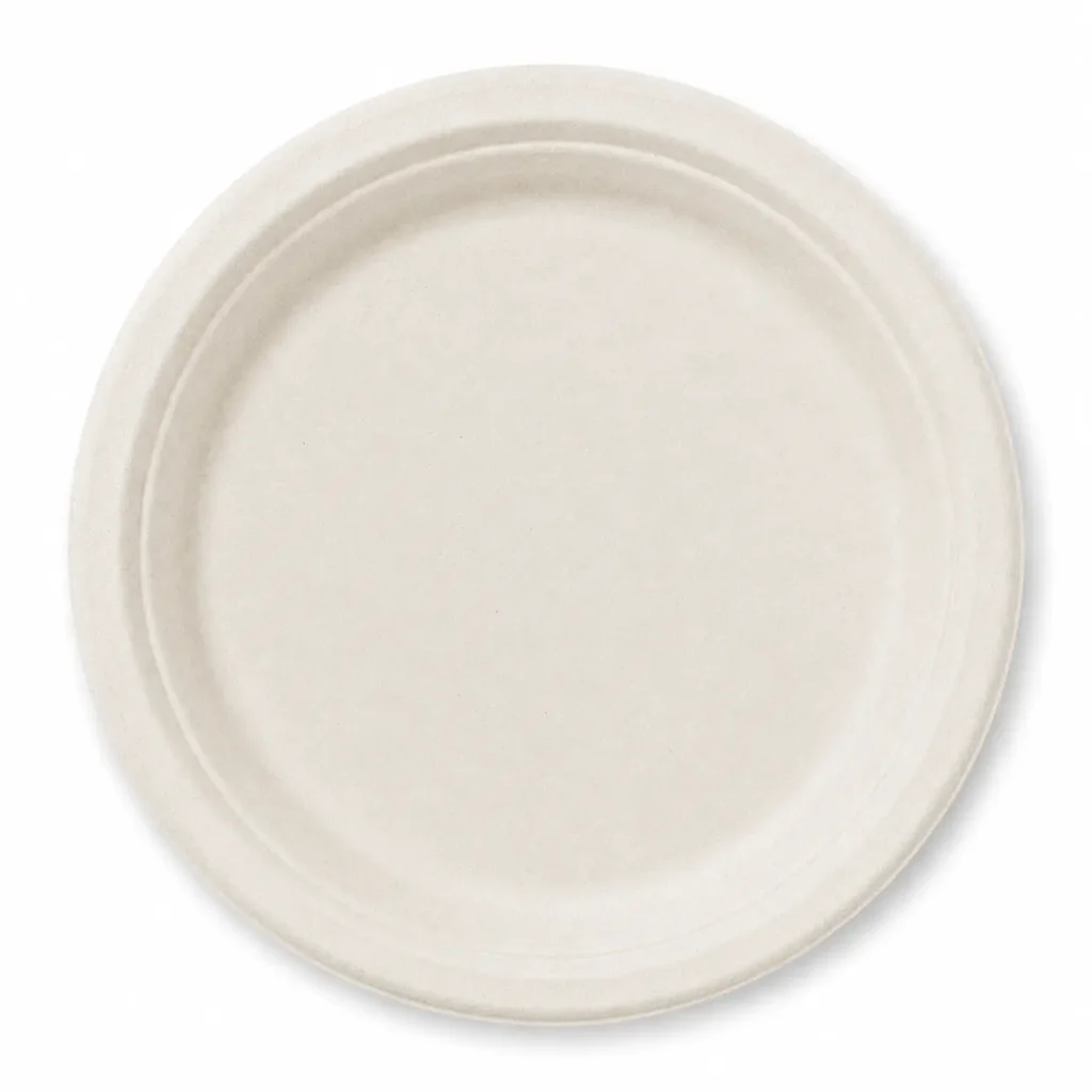 Top view of a natural-color 6-Inch Sugarcane Bagasse Round Plate with a smooth serving area and raised circular rim