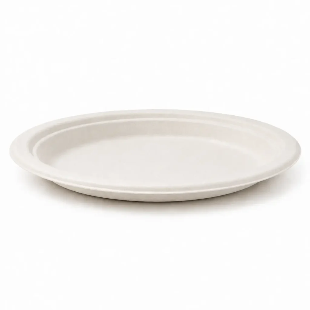 Low side view of a natural-color 6-Inch Sugarcane Bagasse Round Plate showing its shallow depth, raised rim and molded fiber edge